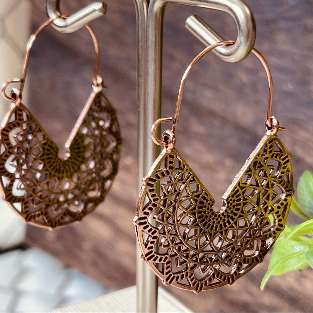 BOHO EARRINGS Open filigree FAN earrings Rose Gold Hoop versatile Southwestern - Picture 8 of 8